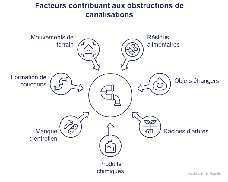 Diagramme illustrant les 7 facteurs contribuant aux obstructions de canalisations : mouvements de terrain, résidus alimentaires, objets étrangers, racines d'arbres, produits chimiques, manque d'entretien et formation de bouchons