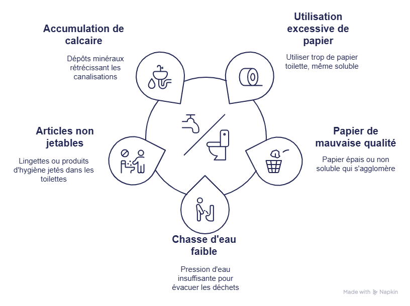 Schéma présentant les 5 principales causes de toilettes bouchées : utilisation excessive de papier toilette, papier de mauvaise qualité, accumulation de calcaire, articles non jetables et chasse d'eau faible.