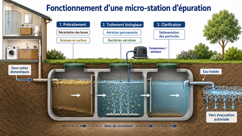 Fonctionnement d’une micro-station d’épuration en trois étapes : prétraitement, traitement biologique et clarification